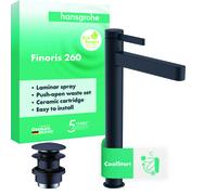 hansgrohe Finoris robinetterie de lavabo 260 CoolStart pour lavabos à poser, avec vidage Push-Open, 76072670, 76072670, Colorazione: nero opaco