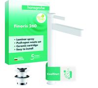 hansgrohe Finoris robinetterie de lavabo 260 CoolStart pour lavabos à poser, avec vidage Push-Open, 76072700, 76072700, Colorazione: Bianco opaco