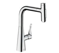 hansgrohe Metris Select - Rubinetto da cucina con doccetta estraibile (2 getti), con guida del tubo flessibile (sBox), Miscelatore cucina con altezza bocca 240 mm, con bocca girevole, cromo, 73817000