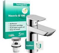 hansgrohe Neovis Q 71352000 - Miscelatore per lavabo con scarico push-open a risparmio energetico (CoolStart), rubinetto bagno con beccuccio altezza 96 mm, miscelatore lavabo a risparmio idrico