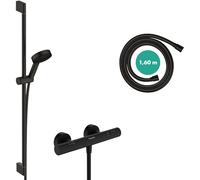 hansgrohe Pulsify Select S - Set doccia con termostatico Ecostat Fine, doccetta a risparmio idrico (EcoSmart, 105 mm, 3 getti), tubo flessibile e asta doccia (0,9 m), nero opaco, 24261670