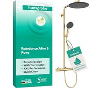 hansgrohe Raindance Alive S Puro - Colonna doccia a risparmio idrico (EcoSmart) con miscelatore termostatico, Sistema doccia con rubinetto, doccetta, tubo, asta e soffione doccia, oro lucido, 24593990