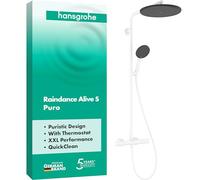 hansgrohe Raindance Alive S Puro - Colonna doccia con miscelatore termostatico, Sistema doccia con rubinetto, doccetta (3 getti incl. PowderRain), tubo, asta e soffione doccia, bianco opaco, 24592700
