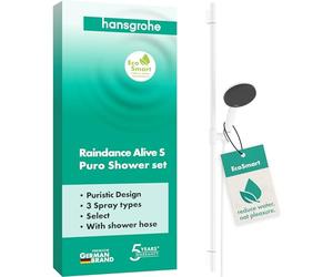 hansgrohe Raindance Alive Select S - Set doccetta per doccia con doccino a risparmio idrico (EcoSmart, 3 getti incl. PowderRain), tubo flessibile (1,60 m) e asta doccia (0,90m), bianco opaco, 24603700