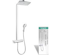 hansgrohe Raindance E - Colonna doccia con miscelatore termostatico, Sistema doccia (360 x 190 mm) con rubinetto, doccetta (3 getti), tubo, asta e soffione doccia quadrato, cromo, 27112000
