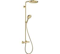 hansgrohe Raindance S - Colonna doccia a risparmio idrico (EcoSmart) con miscelatore termostatico, Sistema doccia con rubinetto, doccetta (3 getti), tubo, asta e soffione doccia, oro lucido, 28823990