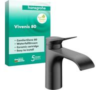 hansgrohe Vivenis 75012340 - Miscelatore per lavabo senza scarico, rubinetto da bagno con beccuccio, altezza 80 mm, miscelatore lavabo a risparmio idrico (EcoSmart), nero spazzolato cromato