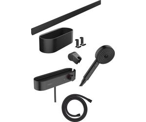 hansgrohe WallStoris - Set da bagno, set di accessori per il bagno senza forare, 7 pezzi, con doccetta a risparmio idrico, termostatico doccia e accessori bagno, nero opaco, 24250670