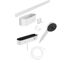 hansgrohe WallStoris - Set da bagno, set di accessori per il bagno senza forare, 7 pezzi, con doccetta a risparmio idrico, termostatico doccia e accessori bagno, bianco opaco, 24250700