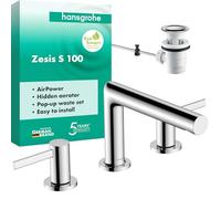 hansgrohe Zesis S - Miscelatore per lavabo a 3 fori con scarico a tirante, Miscelatore lavabo risparmio idrico (EcoSmart+) con altezza bocca 104 mm, cromo, 74733000