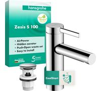 hansgrohe Zesis S Mitigeur monocommandé pour lavabo 100 CoolStart avec vidage Push-Open, chrome, 74724000, 74724000