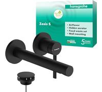 hansgrohe Zesis S - Rubinetto lavabo a incasso per montaggio a parete con scarico, Miscelatore lavabo risparmio idrico (EcoSmart+) con bocca di erogazione 19,4 cm, nero opaco, 74750670