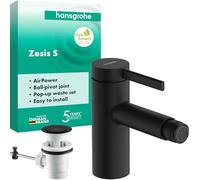 hansgrohe Zesis S - Rubinetto per bidet con scarico, Miscelatore monocomando per bidet risparmio idrico (EcoSmart) con altezza bocca 83 mm, nero opaco, 74200670