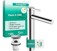 hansgrohe Zesis S - Rubinetto per lavabo con push-open, risparmio energetico (CoolStart), Miscelatore lavabo risparmio idrico (EcoSmart+) con altezza bocca 230 mm, cromo, 74732000