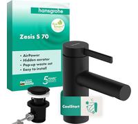 hansgrohe Zesis S - Rubinetto per lavabo con scarico a tirante in metallo, risparmio energetico (CoolStart), Miscelatore lavabo risparmio idrico (EcoSmart+), altezza bocca 74 mm, nero opaco, 74714670