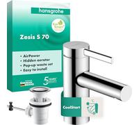 hansgrohe Zesis S - Rubinetto per lavabo con scarico a tirante, risparmio energetico (CoolStart), Miscelatore lavabo risparmio idrico (EcoSmart+) con altezza bocca 74 mm, cromo, 74710000