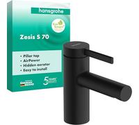 hansgrohe Zesis S - Rubinetto per lavabo per acqua fredda senza scarico, rubinetto per WC con altezza di uscita 74 mm, miscelatore per lavabo a risparmio idrico (EcoSmart+), nero opaco, 74713670