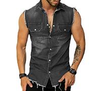 HanzhuoLG Camicie Di Jeans Hiphop Senza Maniche Da Uomo. Gilet In Denim Con Risvolto Slim Fit Tasca Cargo Colore2 L