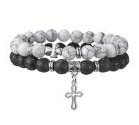 Hao Wu Xuan Set di 2 pezzi Nature Stone Stone Braccialetti con Perline per uomini Vintage turchese bianco in pietra vulcanica Braccialetti di perline per uomini