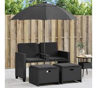 HaoChrymec Divano da Giardino 2 Posti con Ombrellone e Pouf, Set Giardino Esterno in Polyrattan Nero, Salotto da Giardino con Design Moderno, Materiali Resistenti,Nero, Dimensioni: 120x61x80 cm