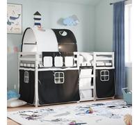 HaoChrymec Letto a Castello con Tende, Legno di Pino Massello, Design Sicuro con Spondine e Scaletta, letto a castello, letto bambini, per Cameretta e Stanze Gioco, Bianco e Nero, 75x190 cm