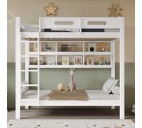 HaoChrymec Letto a Castello per Bambini in Legno di Pino e MDF, con Protezione Anticaduta, Mensole Aperte e Scala a 5 Gradini, Ampio Spazio Contenitore, Bianco Naturale, 90x200cm