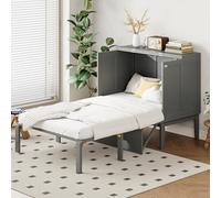 HaoChrymec Letto A Scomparsa 90x200 cm in Legno con Rete a Doghe, Design Pieghevole Verticale Salvaspazio, Letto A Muro con Spazi Portaoggetti, Adatto per Cameretta e Camera Da Letto, Grigio