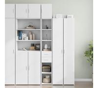 HaoChrymec Mobiletto Alto Stretto Bianco, Armadio Dispensa in Legno Composito con 6 Ripiani e 2 Cassetti, Anta Regolabile Lato, Mobile Cucina Salvaspazio per Interni, 30 x 42.5 x 225 cm