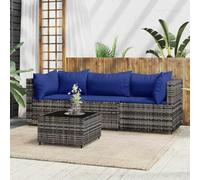 HaoChrymec Set da Giardino 4 Pezzi, in Polyrattan Grigio con Cuscini Blu, Design Modulare e Tavolo Vetro Temperato, Sedie da Esterno e Poltroncine, per Terrazzo e Giardino, Colore Grigio