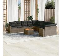 HaoChrymec Set di 11 Pezzi per Salotto da Giardino, Divano in Polyrattan Grigio con Cuscini, Completo di Tavolo Acacia, Salottino Esterno per Giardino e Balcone, Resistente agli UV