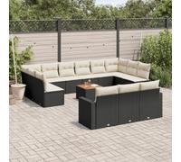 HaoChrymec Set di 14 Pezzi Salotto da Giardino in Polyrattan Nero, Divanetto da Esterno con Cuscini, Tavolo Acacia e Moduli Combinabili, per Giardino Patio Balcone, Nero/Bianco