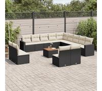HaoChrymec Set di 14 Pezzi Salotto da Giardino in Polyrattan Nero, Divanetto Esterno con Cuscini, Salottino da Balcone e Giardino, Tavolo in Legno Acacia, Resistente agli UV