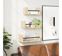 HaoChrymec Set di 3 Mensole da Parete con Aste, Scaffali Sospesi in Legno Rovere e Acciaio, Design Multifunzionale per Bagno o Soggiorno, 30/35/40 x 16 x 14 cm