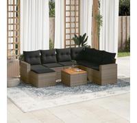 HaoChrymec Set di 8 Pezzi Salotto da Giardino in Polyrattan Grigio, Divanetto Esterno con Cuscini, Salottino da Balcone e Giardino, Resistente agli UV, Completo di Tavolo Acacia