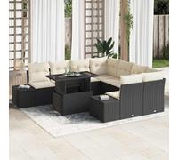 HaoChrymec Set divano da giardino in polyrattan, nero e crema, 9 pezzi | 8 posti, tavolo regolabile, vani contenitore, coperture incluse, montaggio richiesto