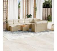 HaoChrymec Set Divano Giardino 11 Pezzi in PolyRattan Beige, Salotto Esterno con Cuscini, Divanetto Angolare e Tavolo Acacia, per Giardino Patio Balcone, 110kg per Posto