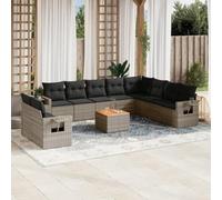 HaoChrymec Set Divano Giardino 11 Pezzi, Polyrattan Grigio con Cuscini, Salotto da Giardino Esterno Modulare, Divanetto da Esterno con Tavolo Acacia, per Patio e Balcone