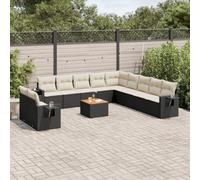 HaoChrymec Set Divano Giardino 12 Pezzi, Polyrattan Nero con Cuscini, Salotto da Giardino Esterno Modulare, Divanetto da Esterno con Tavolo Acacia, per Patio e Balcone, Nero/Bianco