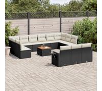 HaoChrymec Set Divano Giardino 14 Pezzi con Cuscini, Polyrattan Nero e Legno Acacia, Salotto da Giardino Esterno Modulare, Divanetto da Esterno con Tavolino, per Patio e Balcone
