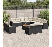 HaoChrymec Set Divano Giardino 14 Pezzi in Polyrattan Nero con Cuscini, Salotto Esterno Modulare, Divanetto da Esterno con Tavolo Acacia, Resistente a Raggi UV, per Giardino e Balcone
