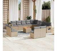 HaoChrymec Set Divano Giardino 14 Pezzi, Polyrattan Beige con Cuscini, Salotto da Giardino Esterno Modulare, Divanetto da Esterno con Tavolo Acacia, Resistente a UV e Pioggia, 110kg per Posto