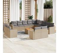 HaoChrymec Set Divano Giardino 14 Pezzi, Polyrattan Beige con Cuscini, Salotto Esterno Modulare, Divanetto da Esterno e Tavolo Acacia, Resistente a Raggi UV, per Giardino e Balcone