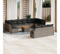 HaoChrymec Set Divano Giardino 14 Pezzi, Polyrattan Grigio con Cuscini, Salotto Esterno Modulare, Divanetto da Esterno e Tavolino, per Giardino Patio Balcone
