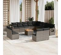 HaoChrymec Set Divano Giardino 14 Pezzi, Polyrattan Grigio con Cuscini, Salotto Esterno Modulare, Divanetto da Esterno con Tavolo Acacia, per Giardino e Terrazza