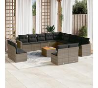 HaoChrymec Set Divano Giardino 14 Pezzi, Polyrattan Grigio con Cuscini, Salotto Esterno Modulare, Tavolo Acacia, Divanetto da Esterno per Giardino Patio Balcone, Resistente ai Raggi UV