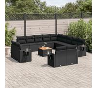 HaoChrymec Set Divano Giardino 14 Pezzi, Polyrattan Nero con Cuscini, Salotto da Giardino Esterno Modulare, Divanetto da Esterno con Tavolo Acacia, Resistente a UV e Pioggia, Nero