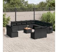 HaoChrymec Set Divano Giardino 14 Pezzi, Polyrattan Nero con Cuscini, Salotto Esterno Modulare, Divanetto da Esterno con Tavolo Acacia, per Giardino e Balcone, Nero
