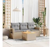 HaoChrymec Set Divano Giardino 4 Pezzi con Cuscini, Polyrattan Beige e Tavolo Acacia, Salotto Esterno Modulare, Divanetto da Esterno e Salottino Balcone, Resistente alle Intemperie