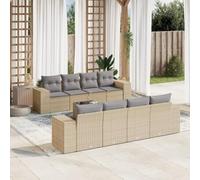 HaoChrymec Set Divano Giardino 9 Pezzi, Polyrattan Beige con Cuscini, Salotto Esterno Modulare, Divanetto da Esterno con Tavolo Vetro, per Giardino Patio Balcone