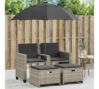 HaoChrymec Set Giardino Esterno 2 Posti con Ombrellone, Divano da Esterno in Polyrattan Grigio Chiaro, Salotto da Giardino con Pouf, per Terrazzo e Giardino, Completo di Cuscini, 120x61x80 cm